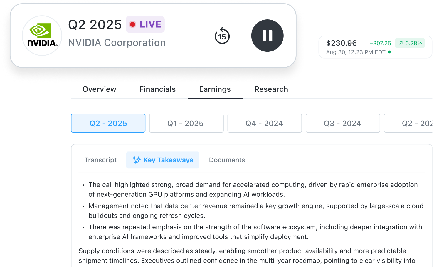 Gain key takeaways from live earnings calls